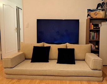 Linen Floor Sofa: Beige Arabic Couch with Cushions