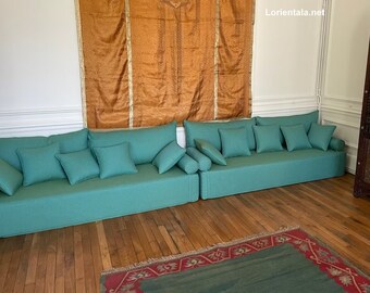 Linen Floor Sofa: Blue Green Arabic Couch with Pillows