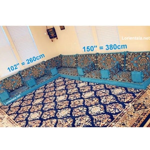 Gran L EN FORMA de suelo oriental asiento sofá cojines de tela turquesa turco árabe Majlis alfombra oriental decoración del hogar sofá marroquí muebles conjunto