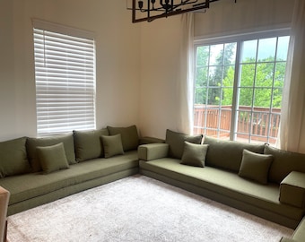 Linen Green L-Shaped Floor Sofa: Arabic Moroccan Couch Set