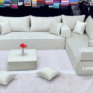 12&#39;&#39; THICKNESS L SHAPED Velvet beige Floor seating sofa Ottoman cushion set Arabic living room Oriental Moroccan Home Decor  sectional couch