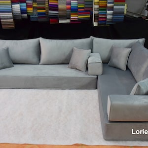 Gray Velvet L-Shaped Floor Sofa: Turkish Arabic Style