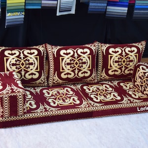 Burgundy Floor Seating Sofa: Arabic Majlis Cushions, Bohemian Home Decor
