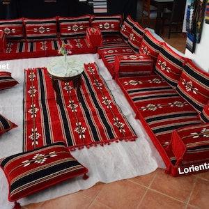 Big L SHAPED Oriental Floor Seating Sofa Red Fabric Cushions Turkish Jalsa Arabic Majlis Rug Oriental Home Decor Moroccan sectional Sofa Set