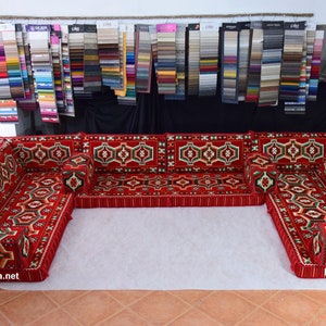 U SHAPED Kilim Red Oriental Floor Seating Sofa Turkish home decor Arabic Cushions Yoga meditation floor couch Moroccan bohemian furniture