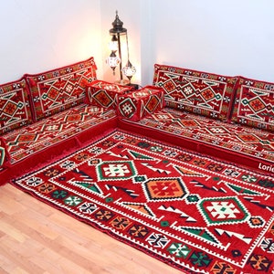 Oriental Floor Seating Sofa Red Set Cushions Turkish home decor Arabic Majlis Rug Yoga meditation floor corner Moroccan bohemian furniture