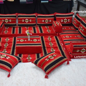 EN FORMA DE L Negro Rojo Oriental Piso Asientos Sofá Cojines de tela Turco Árabe Majlis Alfombra Decoración para el hogar Sofá marroquí muebles sala de estar Conjunto