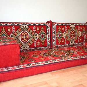 Red Arabic Floor Sofa: Majlis Cushions, Bohemian Home Decor