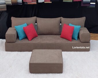 Brown Floor Sofa: Oriental Boho Cushions, Ottoman, Pillows
