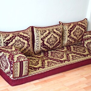 Oriental Floor Sofa: Moroccan Boho Decor, Gold Pattern Cushions