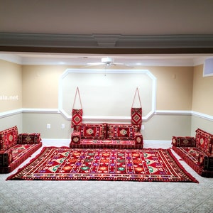 Oriental Floor Seating Sofa Red Set Cushions Turkish home decor Arabic Majlis Rug Yoga meditation floor corner Moroccan bohemian furniture