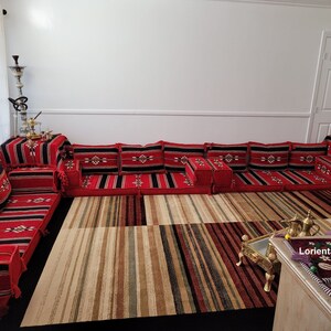 BIG U SHAPE Black Red Arabic floor sofa Majlis  Jordanian Mangal Iraqi Moroccan living room Oriental Mehbaj Floor Couch set Floor cushions