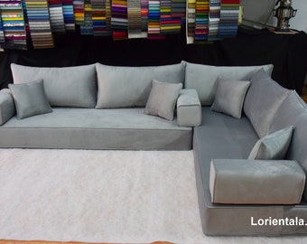Gray Velvet L-Shaped Floor Sofa: Turkish Arabic Style