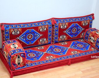 Red Kilim Floor Seating Sofa: Turkish Boho Decor with Cushions
