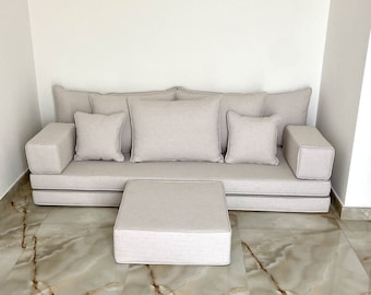 Linen Floor Seating Sofa: Beige Arabic Couch with Cushions