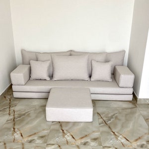 Linen fabric Floor seating sofa,Off white Beige,Arabic living room,Oriental Moroccan Home Decor Couch,cushions pillows,yoga meditation bed