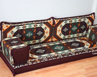 Oriental Floor Sofa Set: Brown Fabric, Ethnic Kilim Pillows