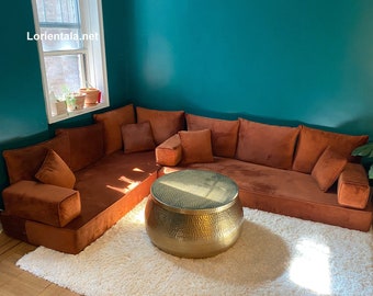 Amber Velvet L-Shaped Floor Sofa: Modern Arabic Seating Set