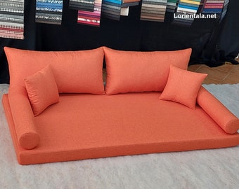 Linen Floor Sofa: Orange Turkish Moroccan Couch with Pillows