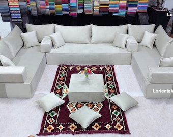 Off-White Velvet U-Shaped Floor Sofa, Oriental Living Room Seating Set