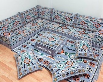 Conjunto de sofás árabes em formato de L cinza: decoração boho turca