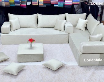 Velvet Beige Floor Seating Sofa: L-Shaped Ottoman, Arabic Moroccan Decor