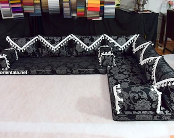 Black & White L-Shaped Floor Sofa: Arabic Majlis Bohemian Decor