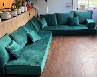 Green Velvet Floor Seating Sofa: L-Shaped Arabic Couch Set