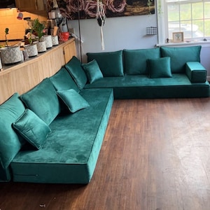 L SHAPED 8&#39;&#39; THICK VELVET Green seat Floor seating sofa Modern Arabic living room couch Moroccan Home Decor set sectional cuchions Rug table