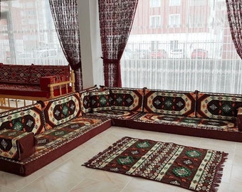 Conjunto de sofás de chão em formato de L: almofadas orientais Kilim