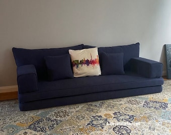 Blue Linen Floor Sofa: Arabic Moroccan Couch with Cushions