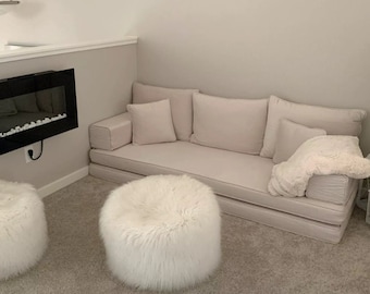 Linen Floor Sofa: Beige Arabic Couch with Cushions
