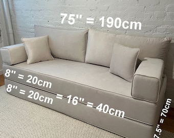 Velvet Floor Sofa: Beige Boho Cushions, Ottoman Seating