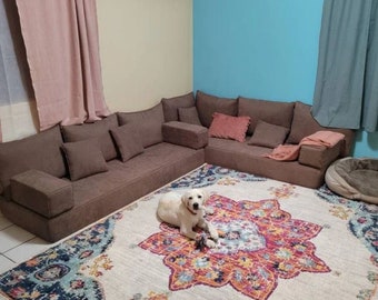 L-Shaped Brown Floor Sofa: Modern Arabic Living Room Set