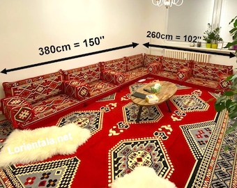 L-Shaped Red Fabric Oriental Floor Sofa Set: Arabic Majlis Seating