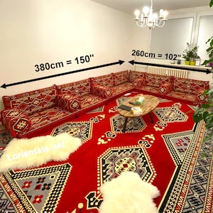 Big L SHAPED Oriental Floor Seating Sofa Red Fabric Cushions Turkish Jalsa Arabic Majlis Rug Oriental Home Decor Moroccan Sofa furniture Set
