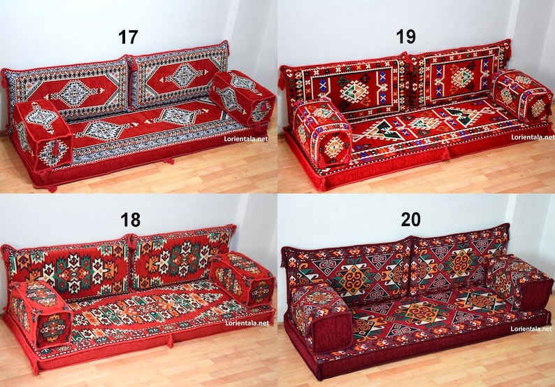 May include: Four red and green patterned floor cushions with matching pillows. The cushions are arranged in two rows of two. Each cushion has a number, 17, 18, 19, and 20, printed above it.