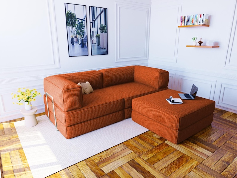 Golvsoffa i manchester, hopfällbar bäddsoffa för yoga och meditation, sektioner för vardagsrum, ottomansk soffpuff, golvsoffgrupp, sittdynor Sofa + Ottoman Couch