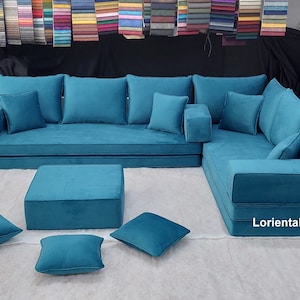 L-Shaped Velvet Floor Seating Sofa: Blue Green Moroccan Couch