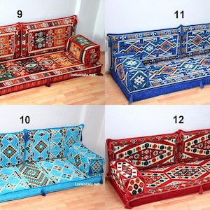 May include: Four different styles of floor cushions with colorful geometric patterns. The cushions are arranged in two rows of two. The cushions are made of fabric and have a variety of colors, including red, blue, and green. The cushions are all in the same style, but have different patterns. The cushions are all in the same style, but have different patterns.