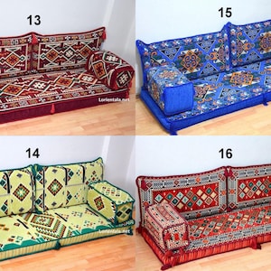 May include: Four different styles of floor cushions with intricate geometric patterns in red, blue, green, and yellow. The cushions are arranged in a grid pattern with numbers 13, 14, 15, and 16 above each cushion.