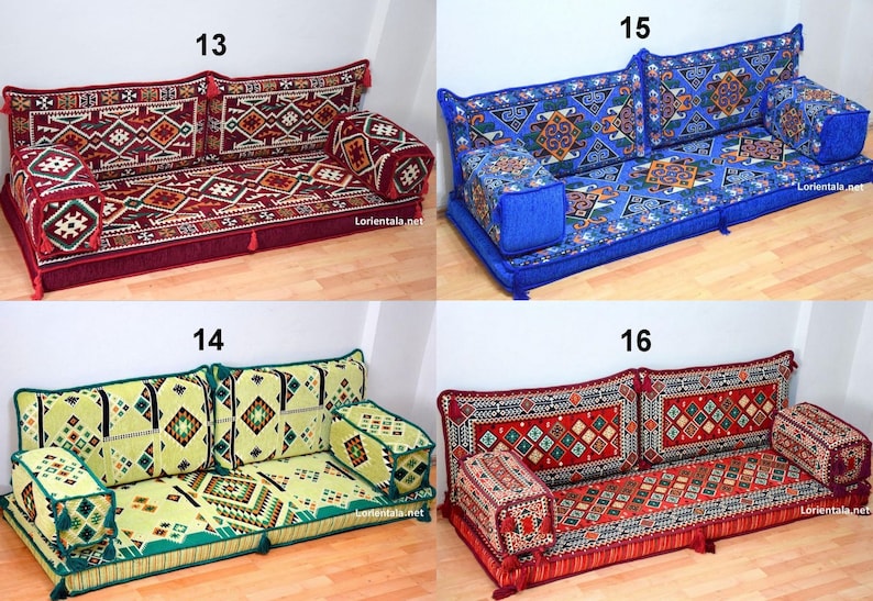 May include: Four different styles of floor cushions with intricate geometric patterns in red, blue, green, and yellow. The cushions are arranged in a grid pattern with numbers 13, 14, 15, and 16 above each cushion.
