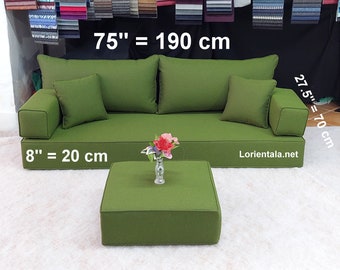 Linen Floor Sofa Set: Green Boho Cushions, Ottoman, Pillows