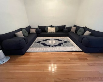 Dark Blue U-Shaped Floor Sofa: Oriental Living Room Seating Set