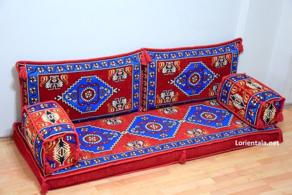 Red Kilim Floor Seating Sofa: Turkish Boho Decor with Cushions