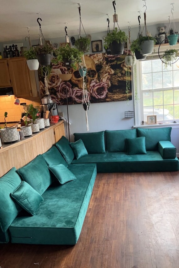 Green Velvet Floor Seating Sofa: L-Shaped Arabic Couch Set