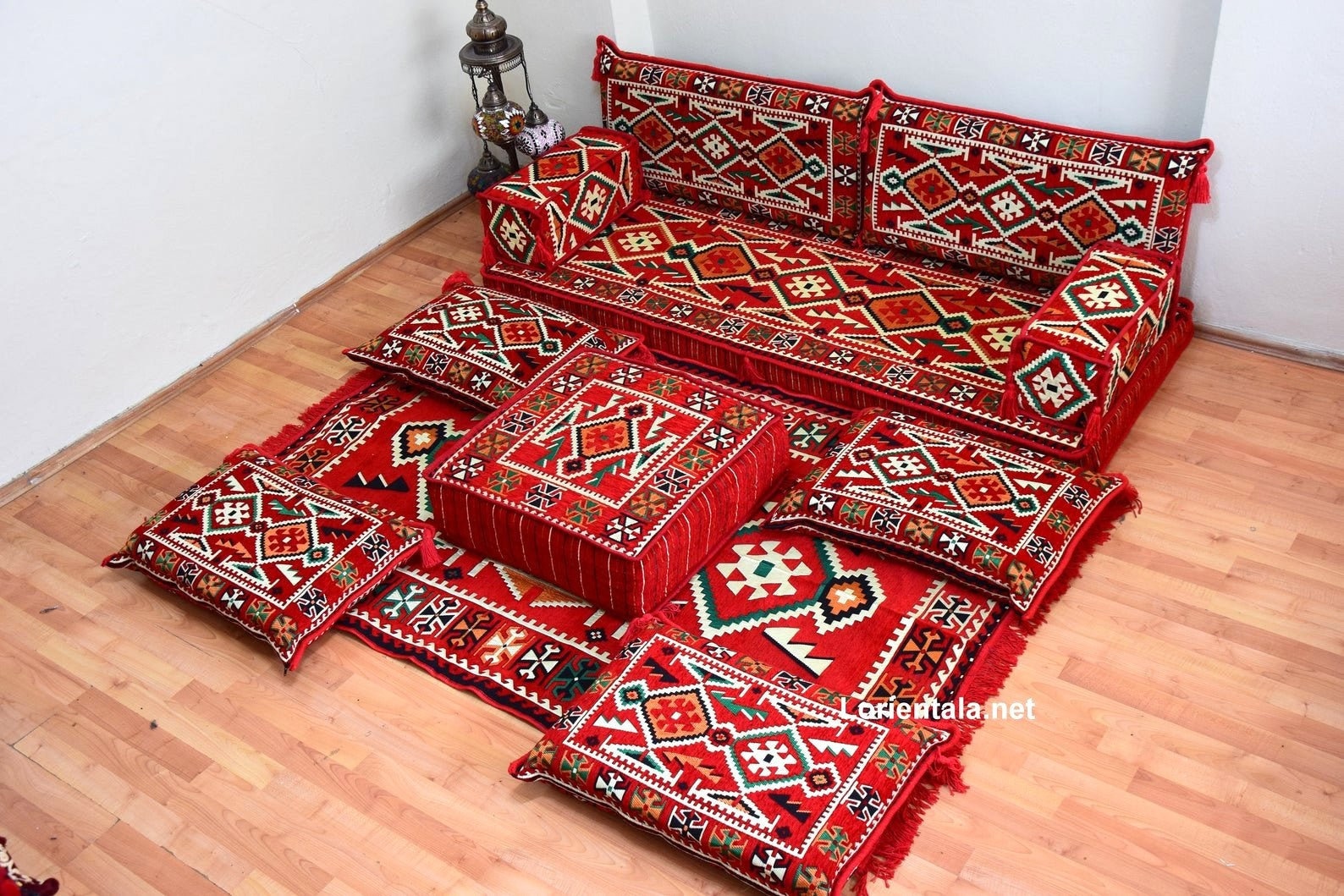 Red White Oriental Floor Seating Sofa Ottoman pouffe pouf Couch Arabic Majlis Rug Middle east Home Decor Moroccan Sofa bohemian furniture