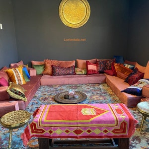 Dark Pink Velvet Floor Seating Sofa: Turkish Oriental Couch Set