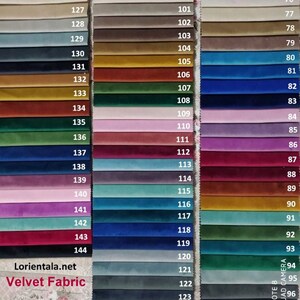 May include: A colour chart of velvet fabric swatches in a variety of shades, including beige, brown, green, blue, and purple. The swatches are numbered and labelled with the text "Velvet Fabric" and the website address "Lorientala.net".