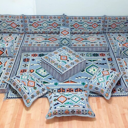 U SHAPED Gray Arabic Oriental Floor Seating Sofa home decor Orange room Cushions Rug Yoga meditation floor shops couch Moroccan bohemian furniture